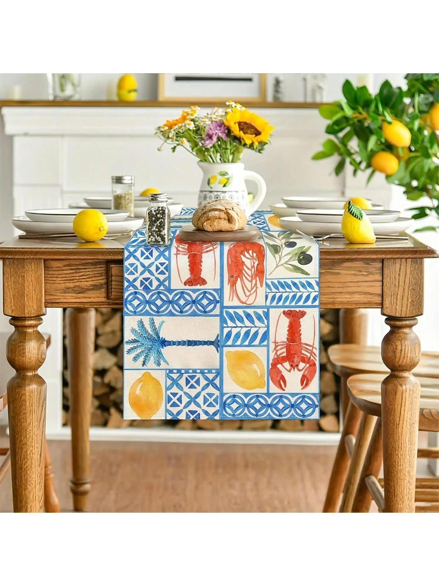 1 Piece Summer Lemon Tablecloth Crayfish Italian Lemon Tablecloth Italian Blue Ceramic Tile Lemon Mediterranean Bosidino Party Decoration Cyan Blue Supplies Lemon Decorations