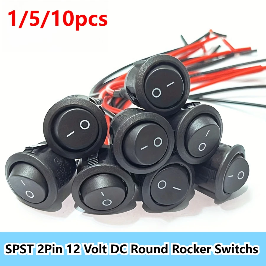 1/5/10pcs 12V DC 2Pin Toggle Round Rocker Switch ON/Off with Pre-Welded Copper Terminals for Automotive Boat Car