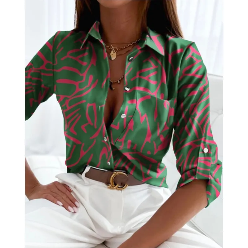 Autumn Fashion Print Shirts Elegant Women's Long Sleeve Button Pocket Blouse Office Top Casual Loose Shirt Women 2024 Streetwear