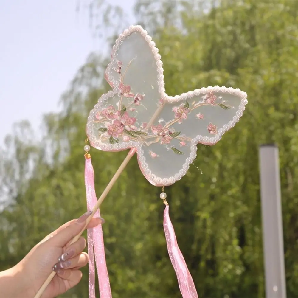 Vintage Handfächer im chinesischen Stil mit langem Griff und Quasten, runder Fächer mit dekorativem Blumenmuster, Seidenfächer für Tanz – Detail 4