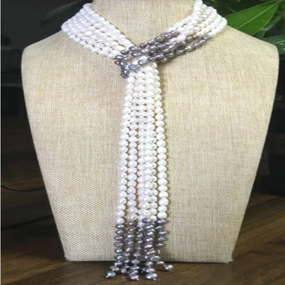 Hand knotted necklace natural 6-7mm white freshwater pearl and gray baroque 3 rows sweater chain nearly round pearl 55inch