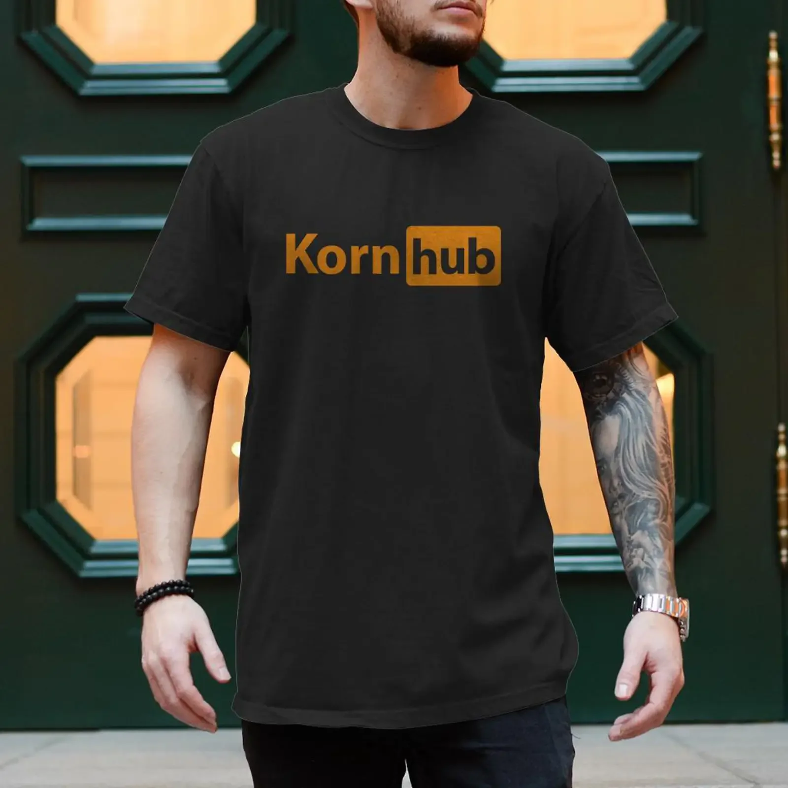 Kornhub Lustiges Parodie-Logo T-Shirt für Herren, Baumwolle, Vintage-Waschung, Streetwear, dehnbarer Stoff, weich, modisch, stilvoll