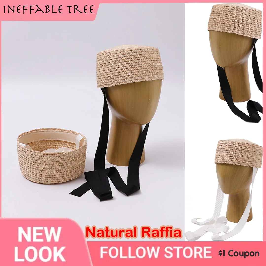 Chic Summer Flat Top with Long Ribbon Strap Straw Hats for Women Raffia Woven Pill Box Beret Cap Photography Magazine Party Cap