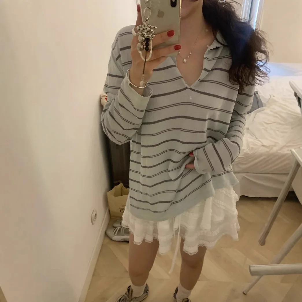 

Summer New Product - Korean-style Button-down Striped Simple Sun-protective Knitted Shirt for Casual Wear, Lightweight Top