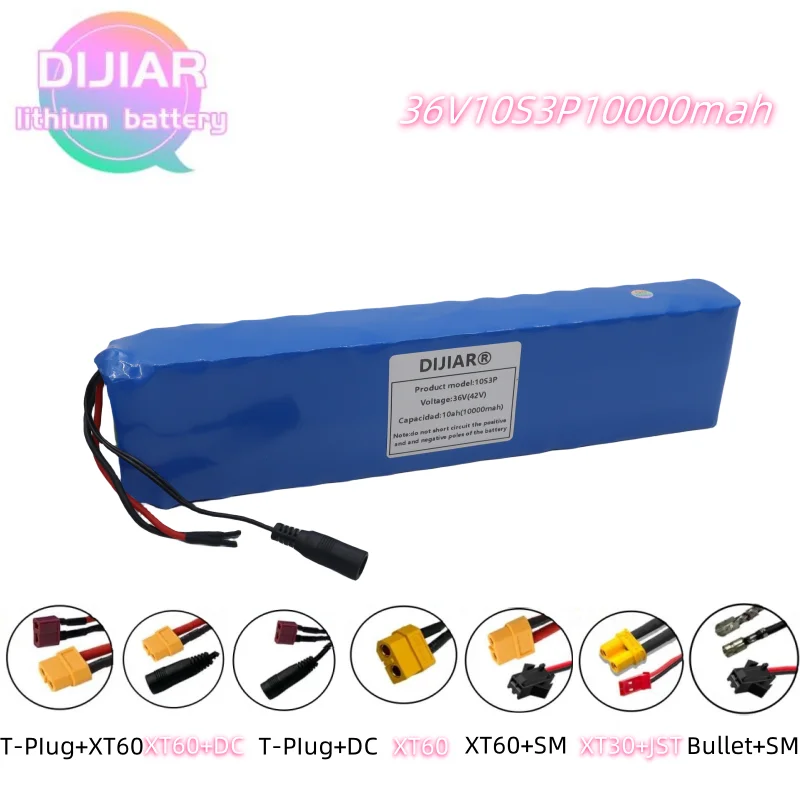 

New lithium-ion battery 36V 10Ah 18650 battery pack 10S3P 10000mAh built-in 15A BMS, suitable for 250W-500W,+42V 2a charger