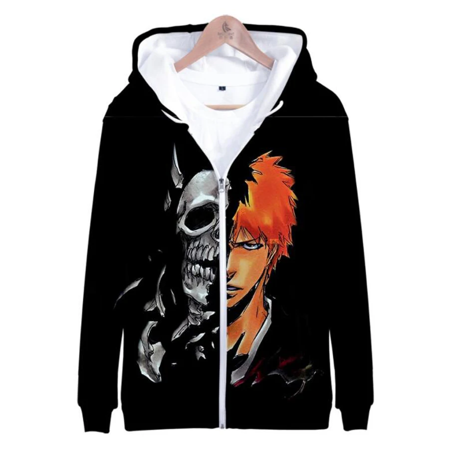 Anime Bleach 3D Print Zipper Hoodie Sweatshirt for Boys and Girls, Kurosaki Ichigo Cosplay, Hooded Jacket, Funny Clothes