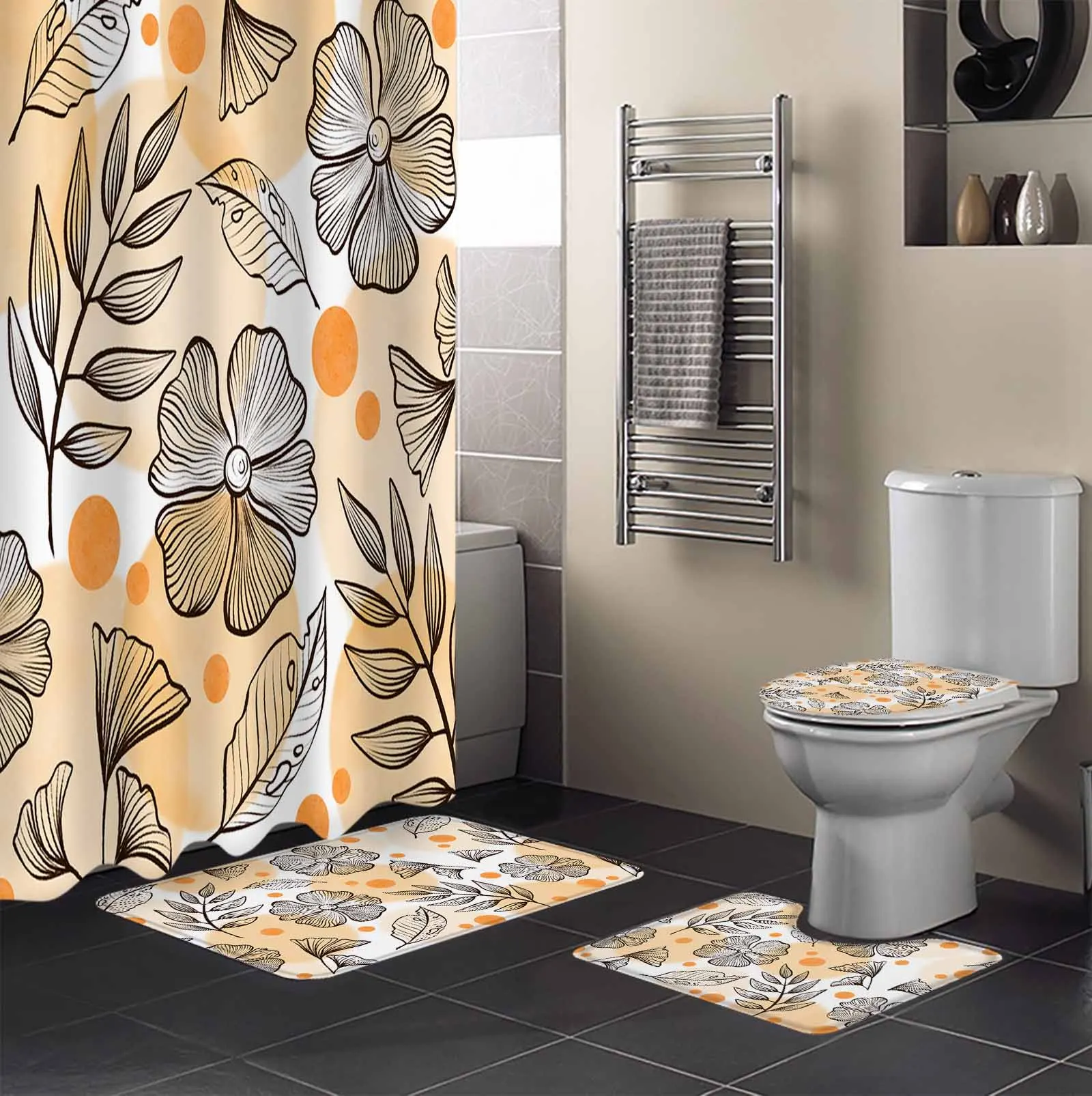 Autumn Flowers Daisy Shower Curtain Set Non-Slip Rugs Bath Mat Toilet Lid Cover Waterproof Bathroom Curtain