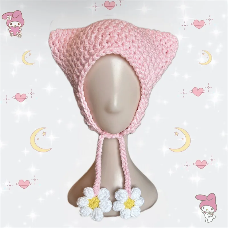 New hot sales Beanie Hat Ins cat ears Autumn and Winter Cute Handmade crocheted hat Pointed Pullover flowers decoration hat