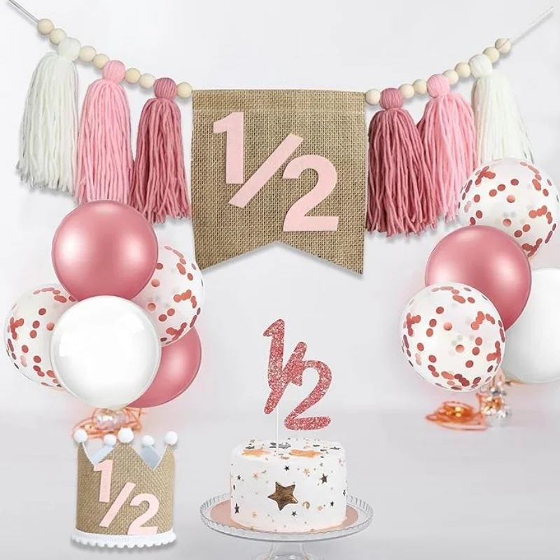 Half Birthday Decorations,1/2 Birthday High Chair Banner, Birthday Crown Hat, 6 Months Birthday Party Decorations Photo Props