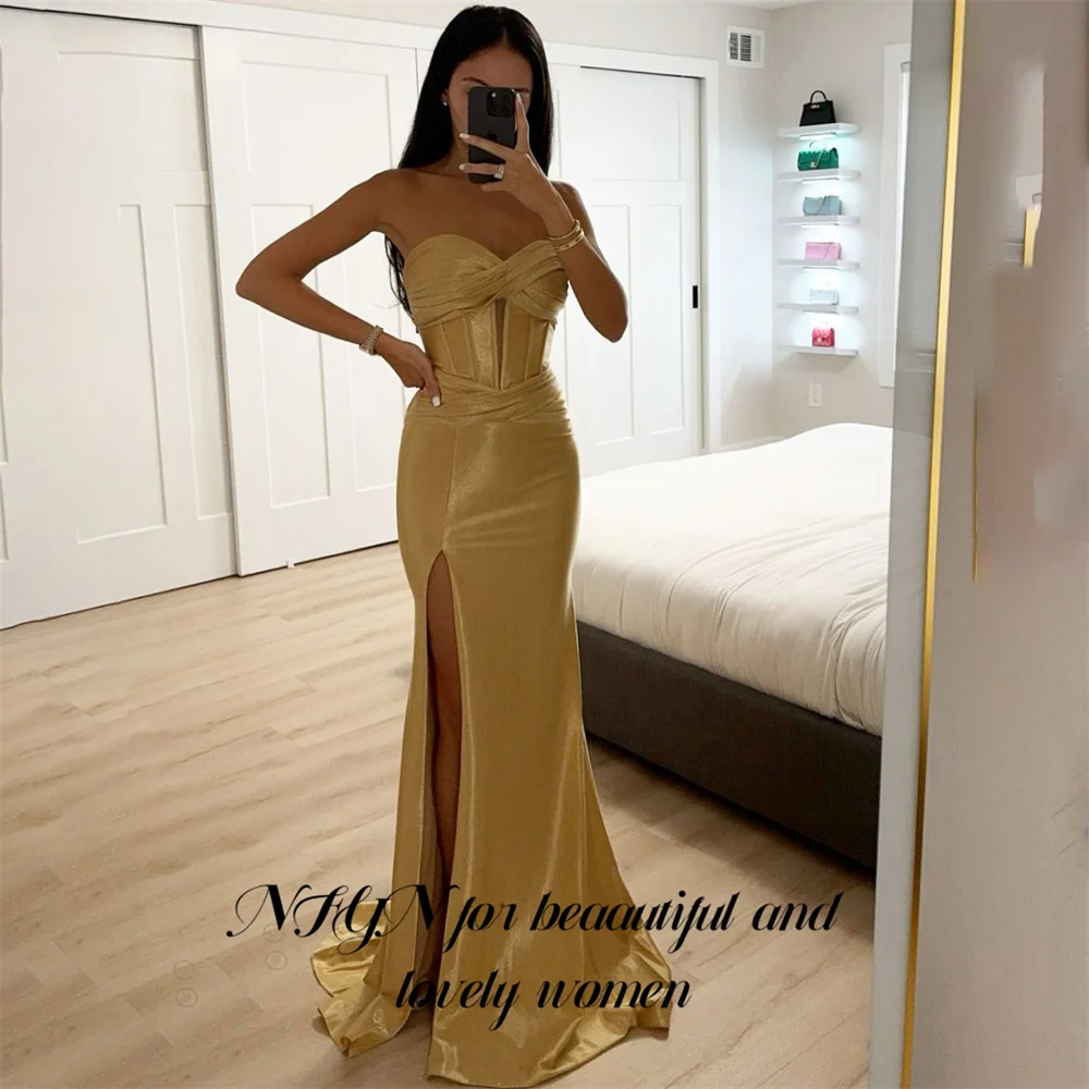 

NFYN Gold Mermaid Women's Evening Dress Sweetheart Stain Night Dresses for Women Pleat Formal Dress with High Split Customized