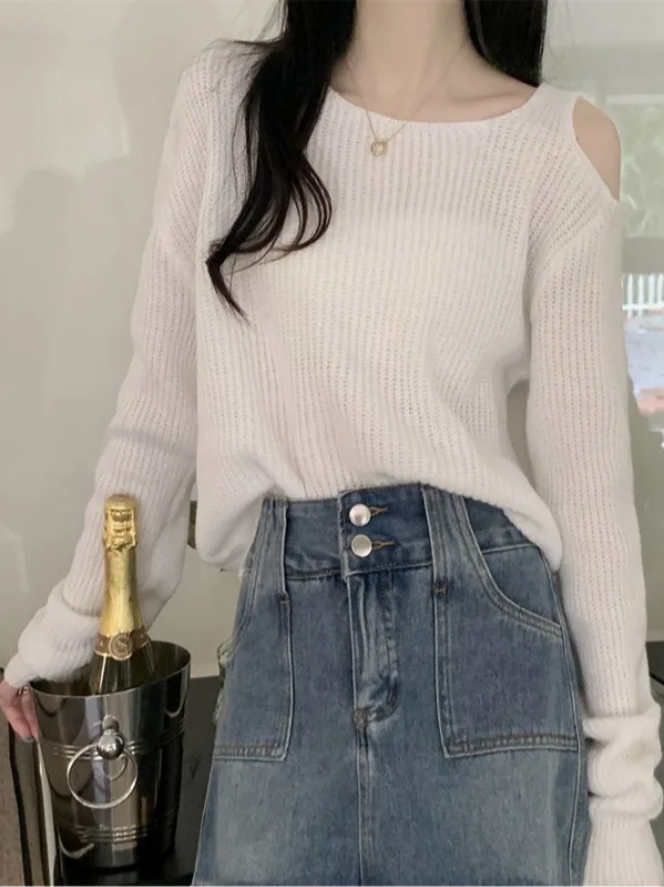 

Sweet And Spicy oulder Bared Long Sve Knitted Base irt Women's Faionable ort Sle Autumn Top High End Feeling