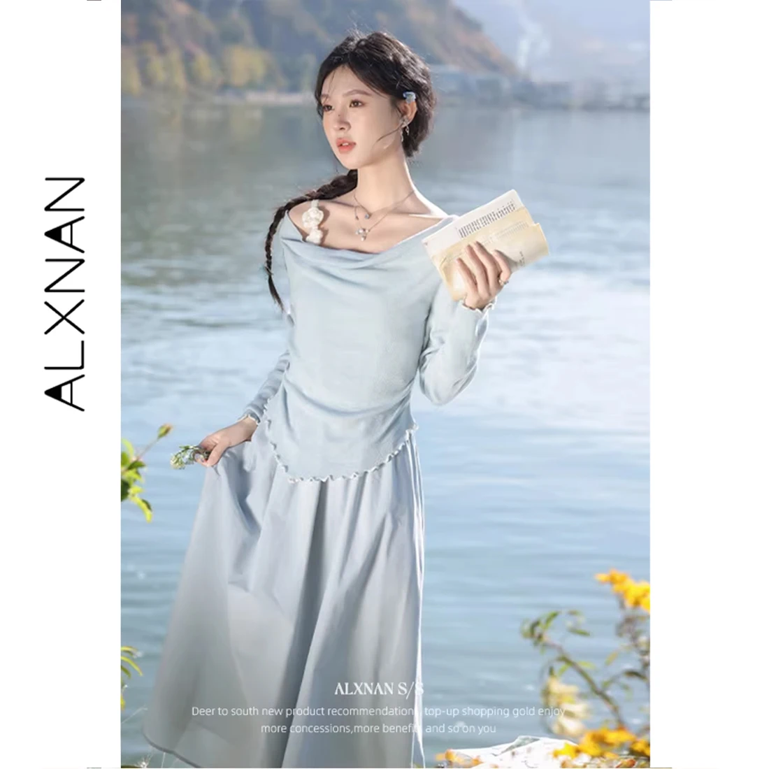 

ALXNAN Blue Knitwear 2026 Spring New Off-shoulder Long Sleeve Pullovers Elegant Casual Fashion Female Asymmetric Tops L52898SY