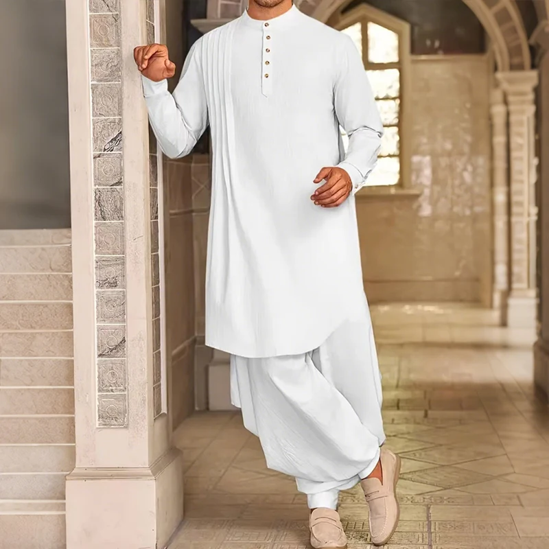 НОВАЯ мужская мусульманская рубашка с воротником-стойкой и длинным рукавом, исламский арабский кафтан, однотонная уличная одежда, повседневная мужская одежда, хлопковое белье