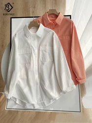 2022 Autumn Women Oversize Cotton White Shirt Batwing Sleeve Pockets Turn-Down Collar Blouse Loose Causal Office Wear Basic Tops