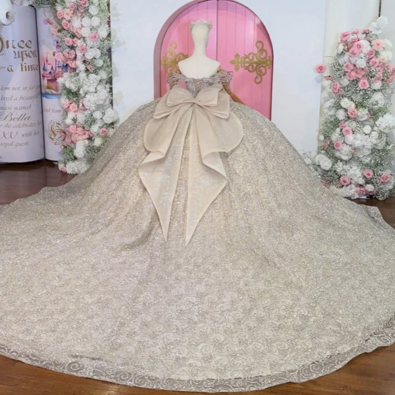 Champagne Shiny Quinceanera Dresses Ball Gown Off The Shoulder Sequin Applique Lace Beading Crystal Bow Tull Corset Party