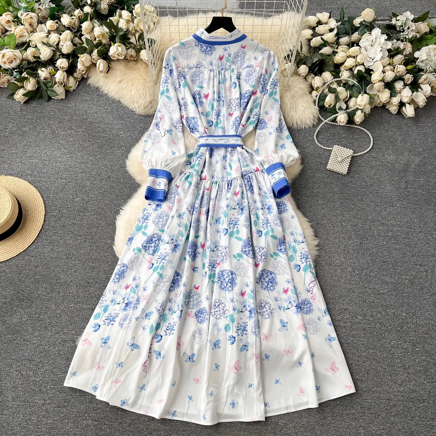 Fashion Designer Flower Print Maxi Dress Women Stand Lantern Sleeve Single Breasted Lace Up Belt Boho Long Vestidos 8739