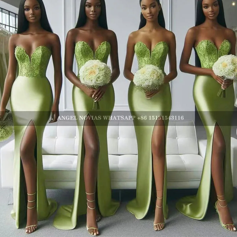 

Sexy Long Green Bridesmaid Dresses with Split Satin Wedding Guest Dress Maid of Honor Gowns vestidos de festa