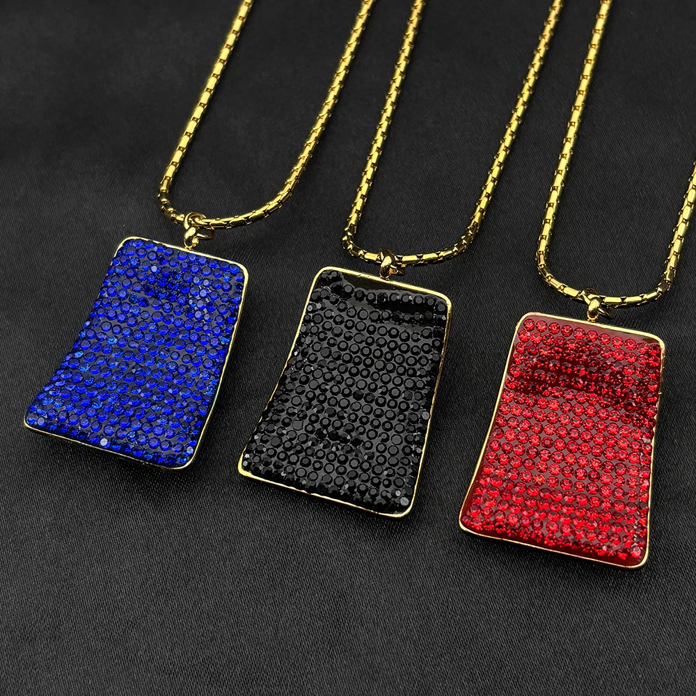 

Irregular Rectangle Red Black Blue Full Rhinestones Pendant Necklace for Women Stainless Steel Luxury Geometric Jewelry Gift