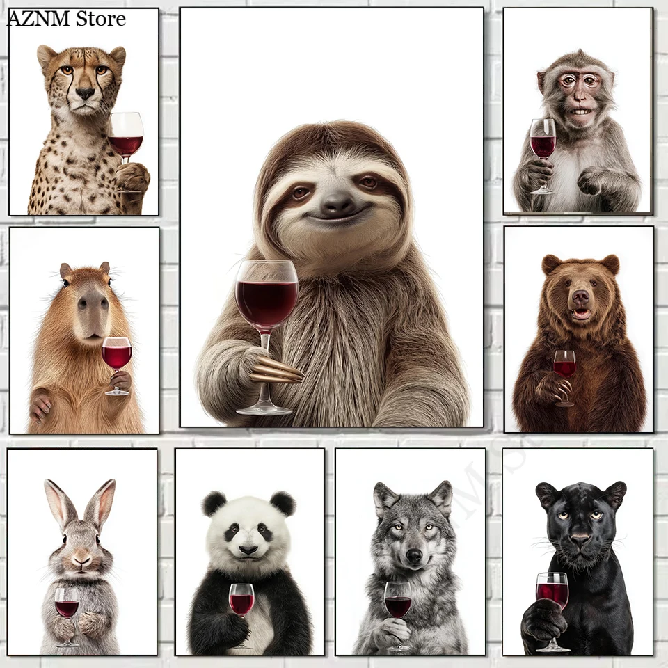 Póster de Animales de Cocina con Copas de Vino: Perezoso, Capibara, Mono, Tigre, Pintura en Lienzo, Arte de Pared, Decoración de Interiores para el Hogar - 1 Pieza