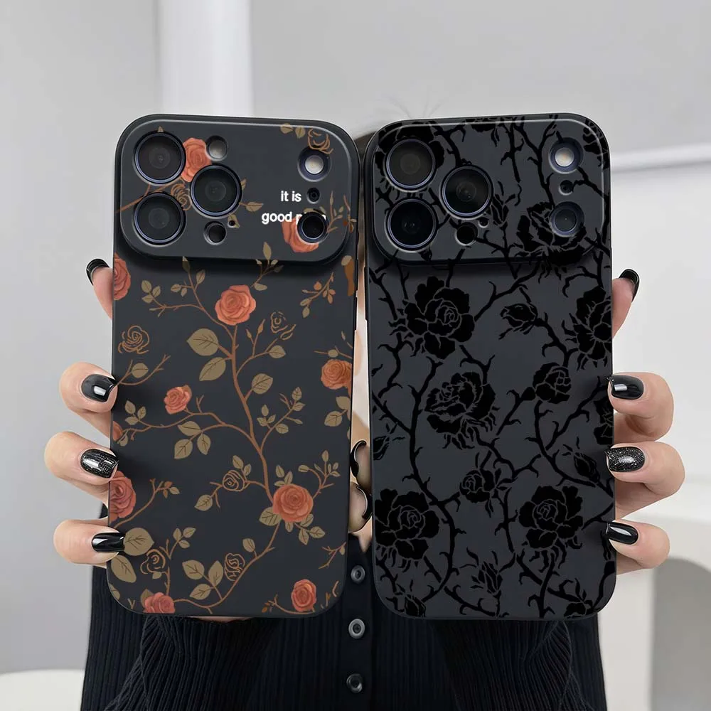 Чехол для телефона с узором из роз для Apple iPhone 17 Air 16 16e 15 14 13 12 11 XS Pro Max Plus, черный, мягкий