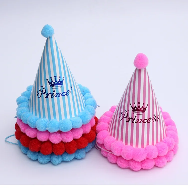 Cute Cartoon Party Hats for Kids, Shiny Gold and Silver Balls, Happy Birthday Crown Headwear