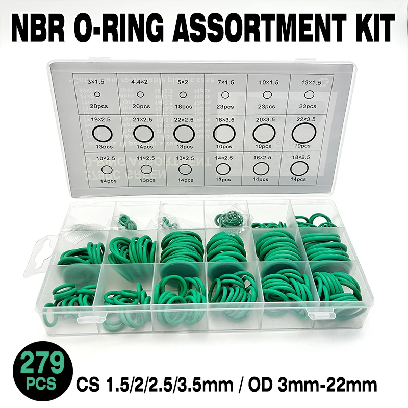 279Pcs Green NBR Nitrile Rubber O-Ring Kit CS 1.5/2/2.5/3.5mm OD 3mm-22mm Oil-Resistant Sealing Rings for Industrial Machinery
