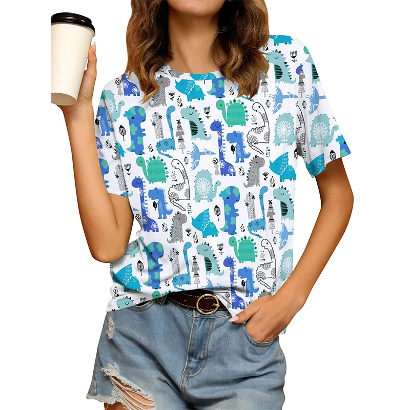 귀여운 공룡 그래픽 티셔츠 3D 인쇄 여성 오-넥 반팔 티셔츠 streetwear y2k 하라주쿠 티셔츠 기본 탑 여성 의류