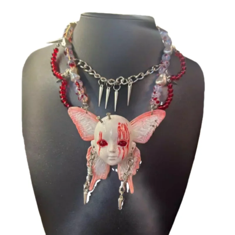 

New Punk Y2K Doll Necklace Rivets Human Face Lace Chain Bowknot Bell Cool Choker Neck Accessories for Women Men Jewelry Gothic
