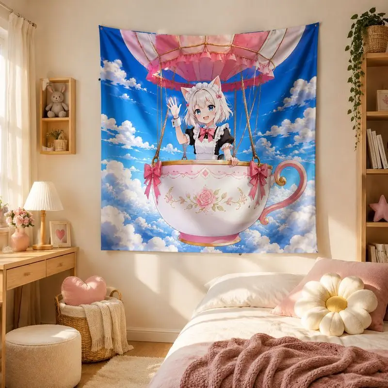 VIKAMA Cute Maid Anime Tapestry, Kawaii Aesthetic Wall Hanging, Sweet Cartoon Wall Decor Blanket for Girls Bedroom Dorm