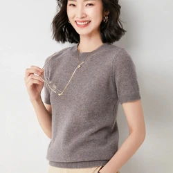 High Quality New Women O Neck Short Sleeve Delicate Cashmere Wool Sweater Soft Basic Pullover Solid Color T-Shirts