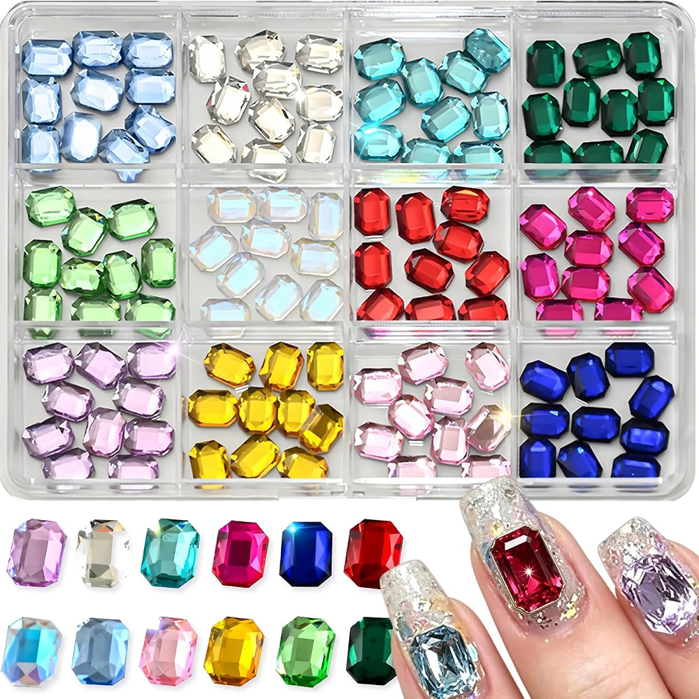 120Pcs/Box Colorful Rectangle Nail Art Rhinestones 3D Flatback Crystal Glass Multicolored Diamonds Nail Jewels Charms DIY Nail