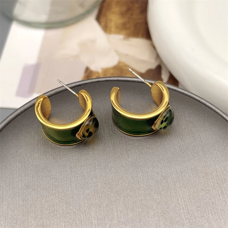 Europe And America Retro C Shape Green Enamel Glaze Inlaid With Leopard Print Glass Stud Earrings For Women Fashion Earrings