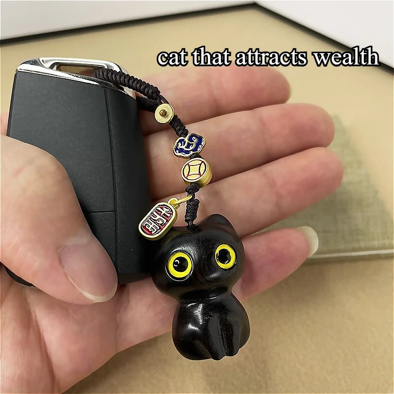 Sandalwood Wooden Cat Keychain Anime Cute Mobile Phone Chain Pendant Personality Creative Hand-knitted DIY Jewelry Charm Keyring