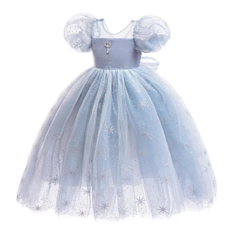Gaun Putri Anak Perempuan Elsa Cosplay Ikatan Simpul Kepingan Salju Kostum Ratu Salju Gaun Pesta Bermain Peran Pesta Ulang Tahun Karnaval Anak-anak