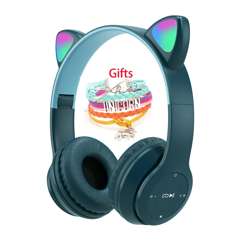 Auriculares inalámbricos con orejas de gato y micrófono para niños, cascos de graves estéreo con luz brillante de diente azul, auriculares para juegos de PC y teléfono, regalos para niñas
