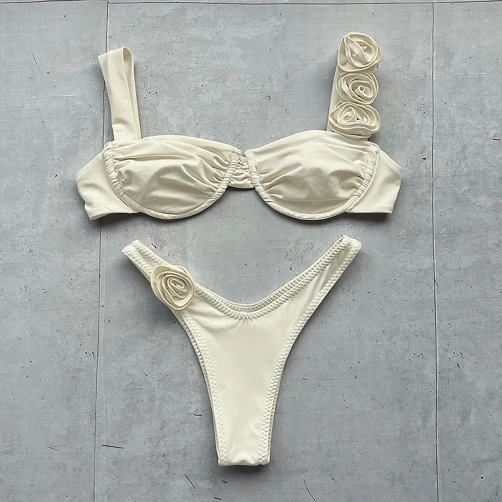 Maillot de bain sexy à lacets pour femmes, bikini, micro, ensemble deux pièces, motif floral 3D, culotte tanga, vêtements de plage, 2024