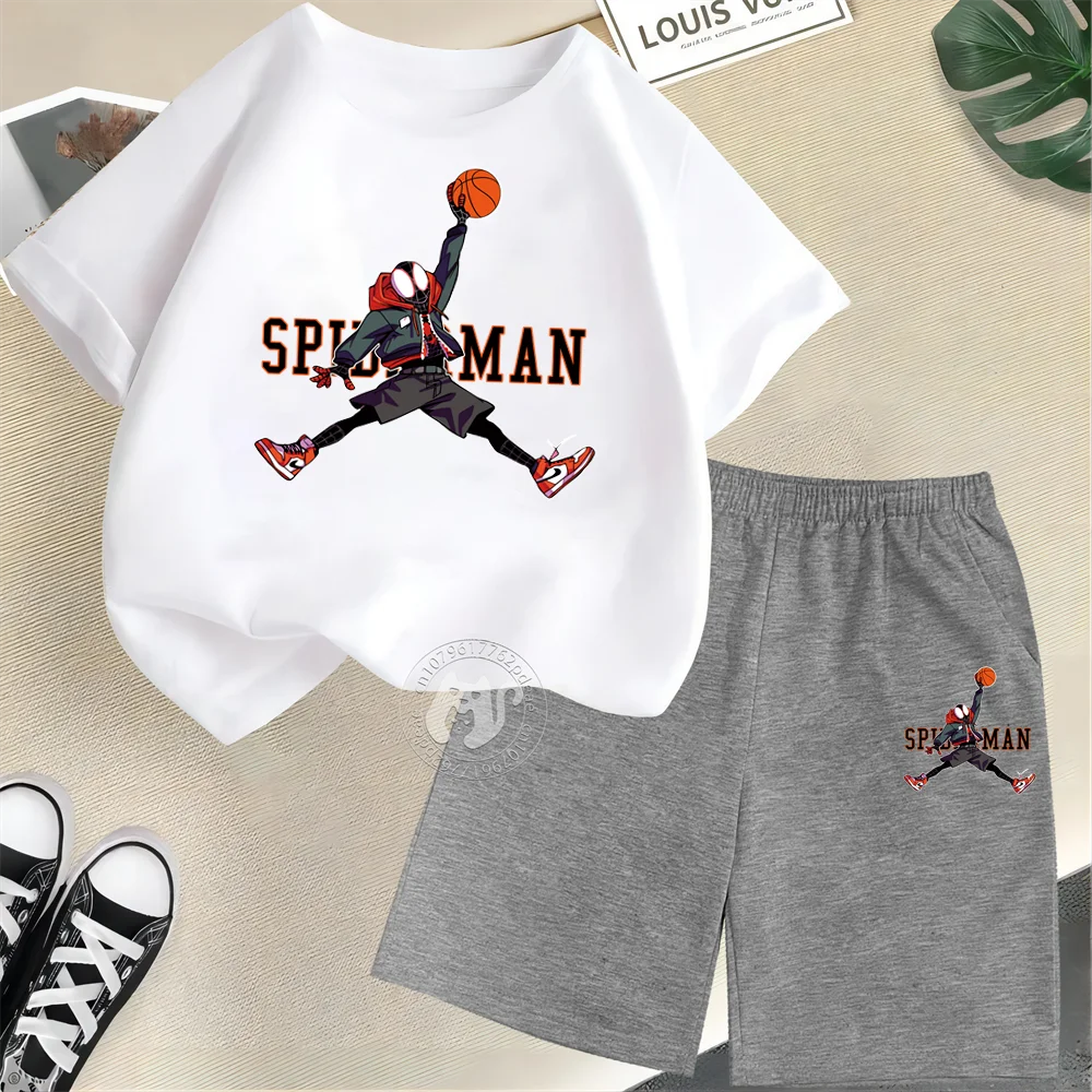 

Superhero Teen 100% Cotton Short Sleeve T-shirt + Shorts Spider-Man Handsome Slam Dunk Print Kids Boys Girls Outdoor Summer Set