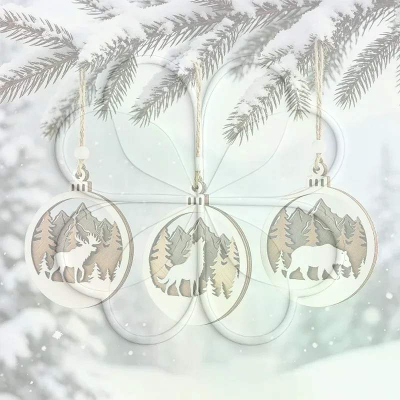 Rustic Wildlife Wood Cutout Hanging Decor Layered Hollow Mountain Bear Wolf Elk Bauble Winter Holiday Tree Decoration
