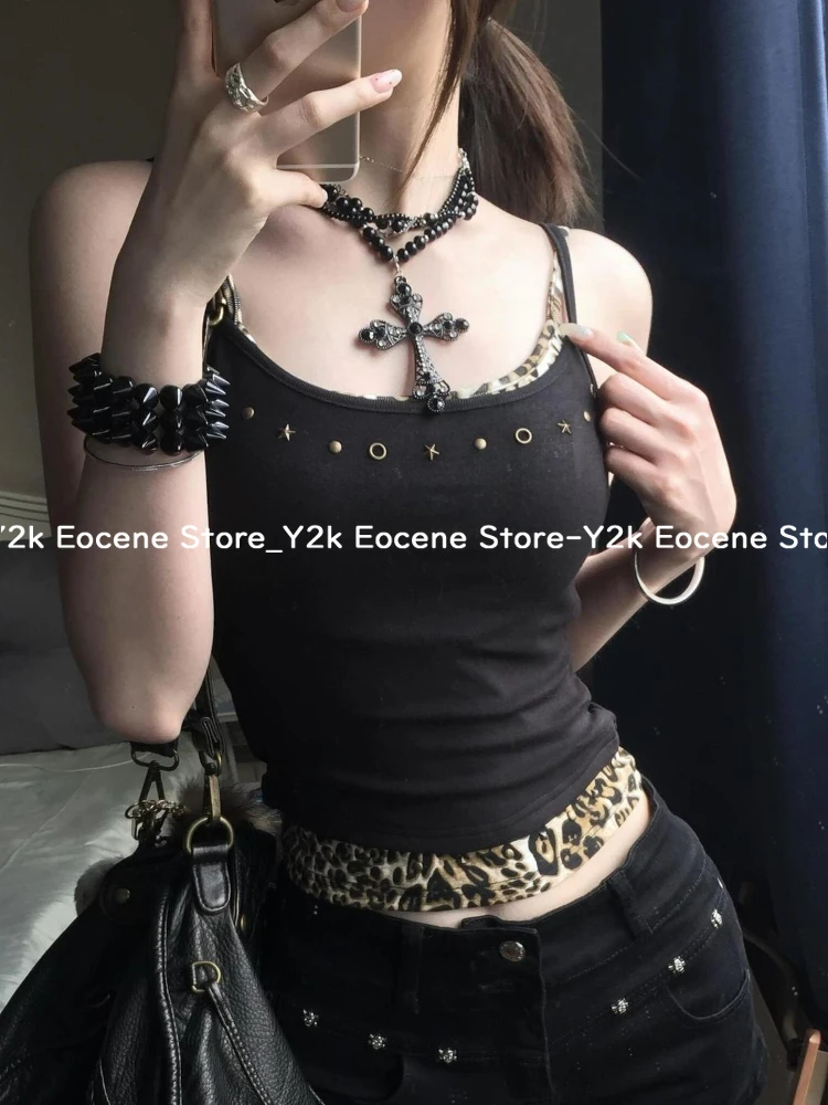 Fake Two Piece Design Sexy Leopard Print Vest Black Strap Short Slim Fit Tank Tops Women Summer Korean Fashion Streetwear Camis