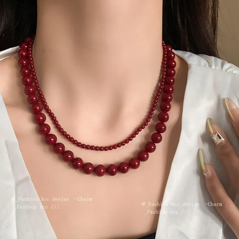 Joyful Red Round Bead Necklace, Imitation Red Coral Retro Collarbone Chain, Women's Accessory Clothing Matching