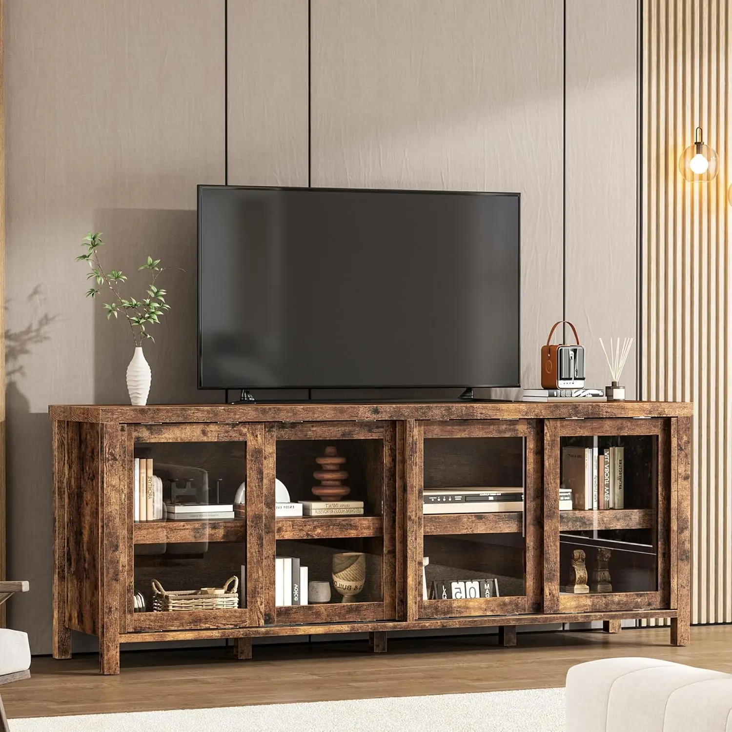 TV Stand for 65 Inch with Entertainment Center - Storage Cabinet, 4 Sliding Glass Doors (Retro Brown)