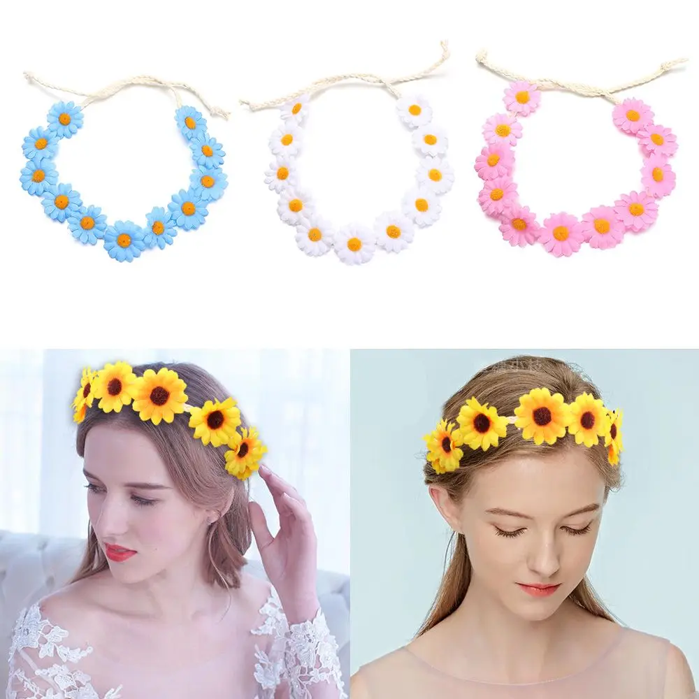 Braided Band Decorate Your Hat Sunflower Hair Wreath Daisy Flower Headbands Floral Bridal Headpiece for Party Wedding