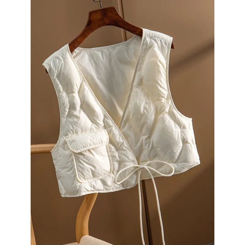 Women's Autumn Winter New Vest Quilted Tie Cropped Tops Loose V-neck Korean Cotton Waistcoat Tank Top Outerwear Black White