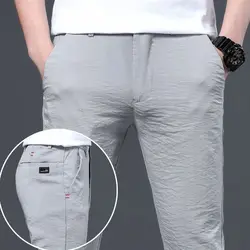 Summer Solid Color Men Thin Style Ice Shreds 2024 Straight Cylinder Loose Slim All-match Comfortable Casual Large Size Trousers