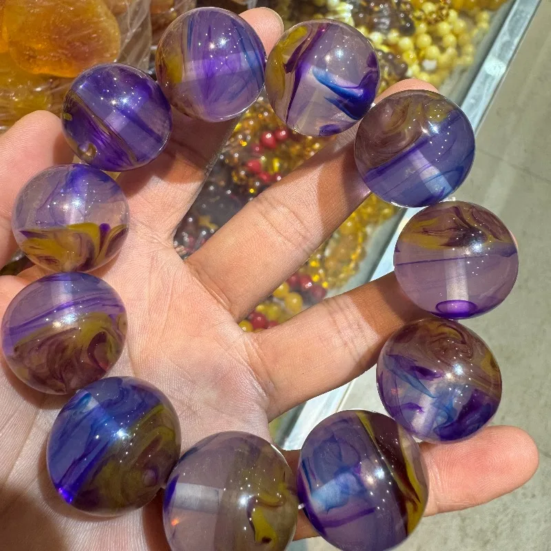 

Popular Blue Amber Beaded Bracelet Violet Honey Wax Round Beads Transparent Gemstone Fashion Women Jewelry