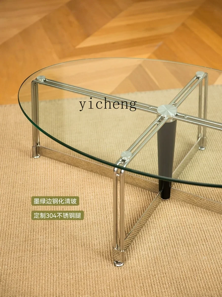 1-u10 Middle-Ancient Glass Small Apartment Living Room Home Tempered Oval Simple Tea Table Stainless Steel