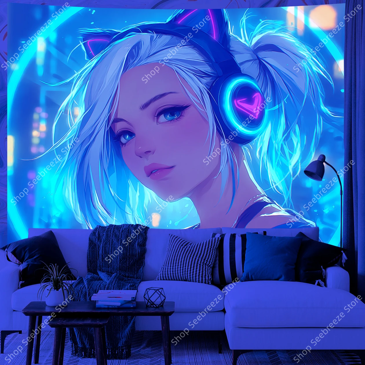 Neon Cyberpunk Girl UV Tapestry with Cat Ear Headphones Futuristic Room Office Decor for Gamers Aesthetic LED Wall Hanging