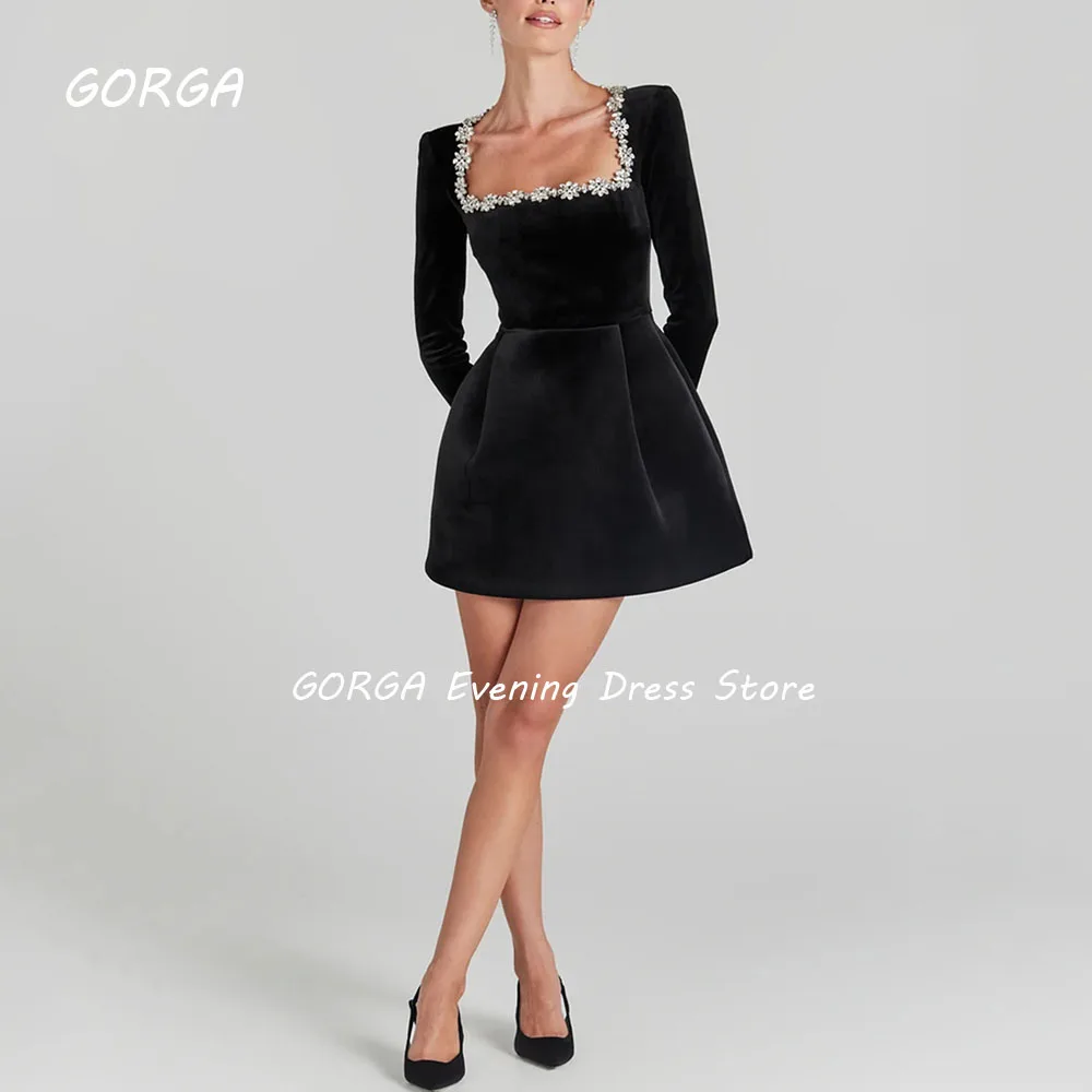 

GORGA Black Beading Square Collar A-LINE 2024 High Quality Slim Velour Ocassion Gown Knee-Length Evening Dress فستان سهرة نسائي