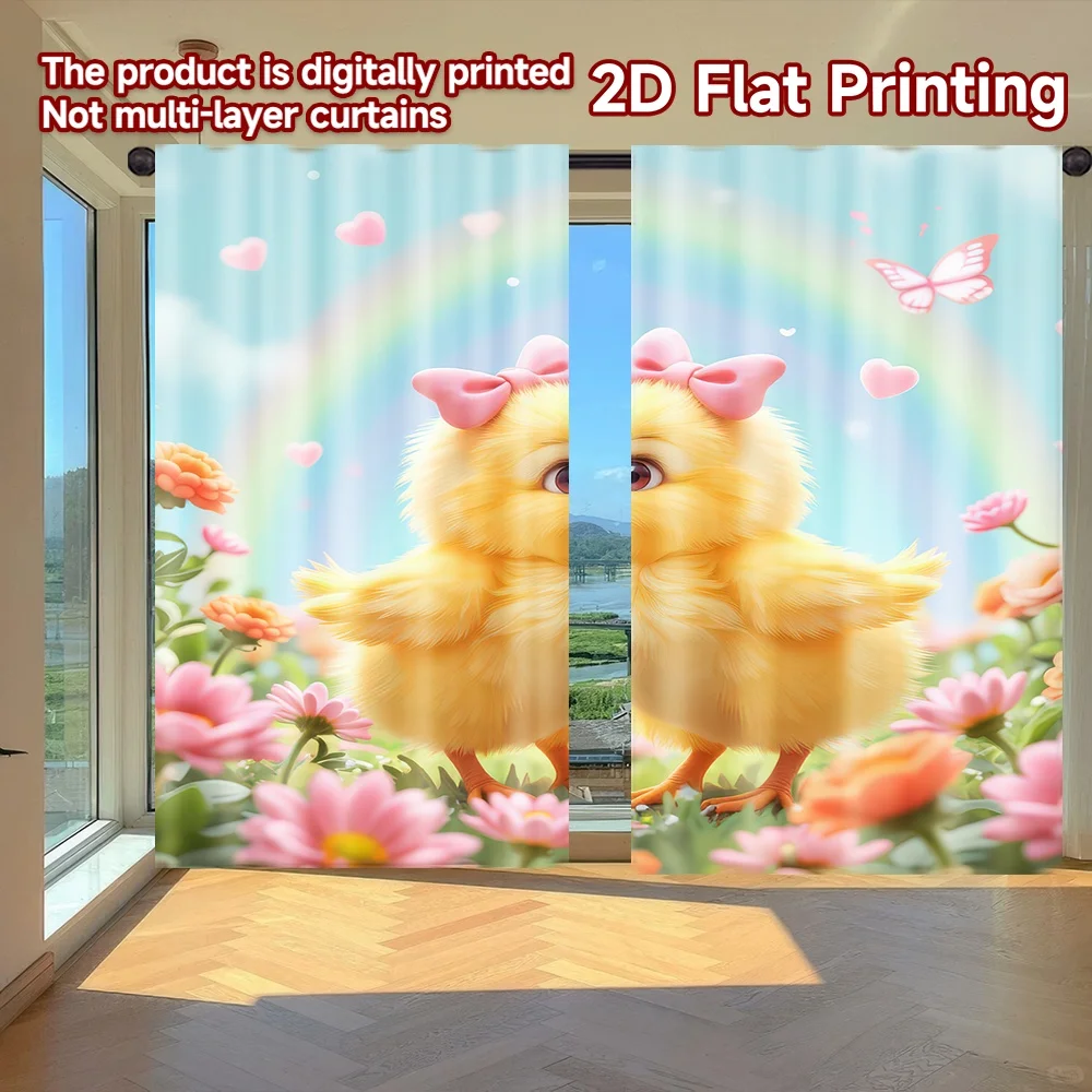 

2D flat printing 2pcs Window Curtains Easter Chicks and Rainbow Digital Printed Polyester Drapes Birthday Party Use for New Year