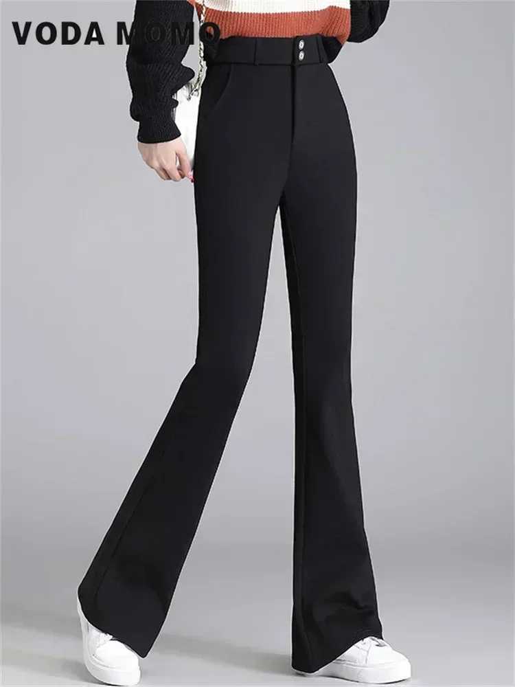 الكورية مكتب سيدة عادية الإناث عالية الخصر جرس طويل أسفل السراويل الخريف الشتاء موضة شق الصلبة مضيئة السراويل النساء السراويل